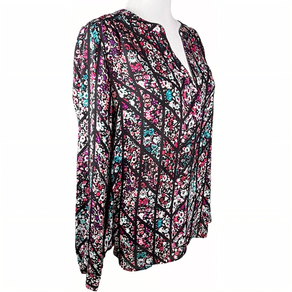Candies Blouse Womens Size L Long‎ Roll-Tab Sleeve Black Pink Geometric  Floral